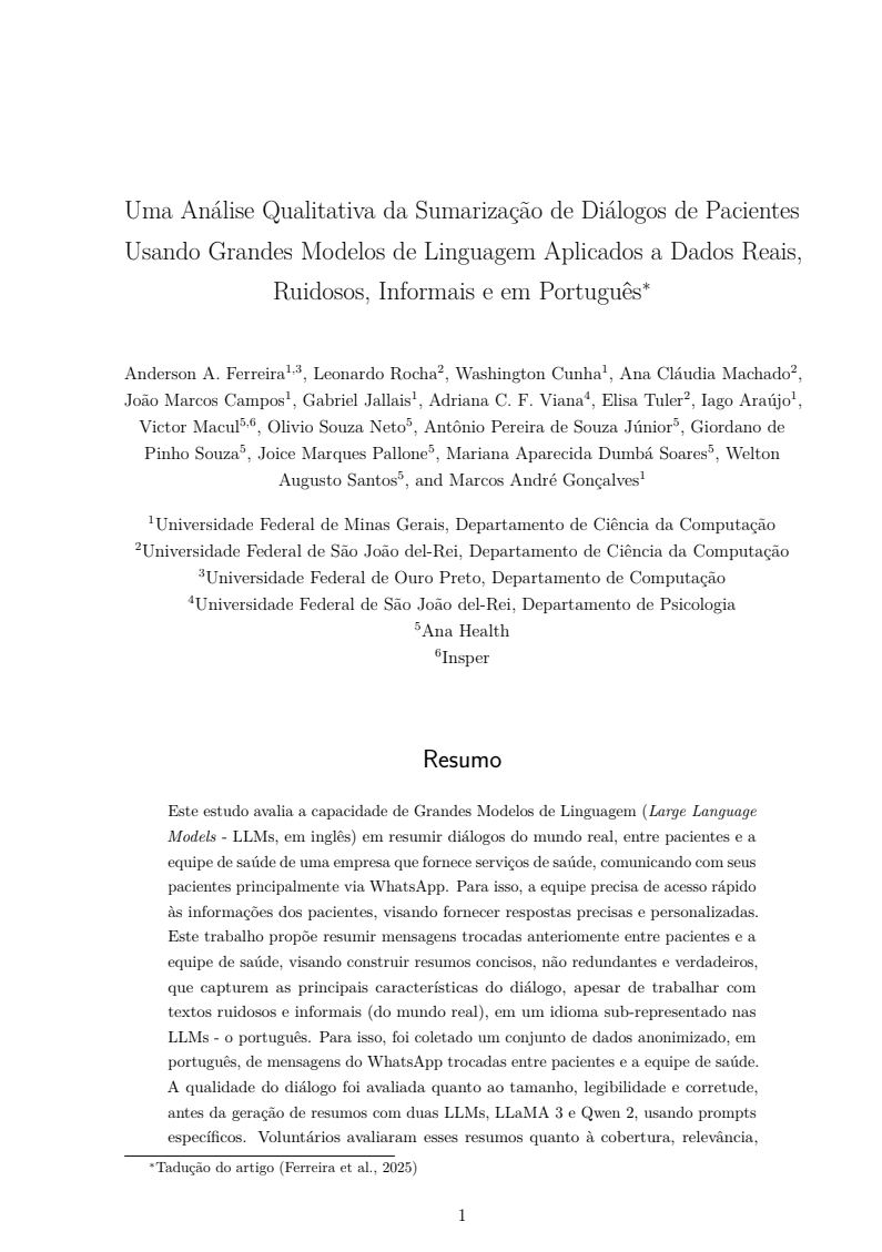 2025 | Uma Análise Qualitativa da Sumarização de Diálogos de Pacientes Usando Grandes Modelos de Linguagem Aplicados a Dados Reais,  Ruidosos, Informais e em Português∗